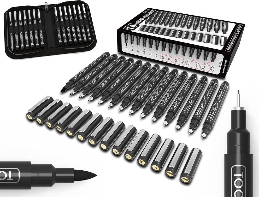 Micro-Line 14 Pens With Case, Fineliner, Multiliner, Archival Ink, Waterproof, Journaling, Illustration, Architecture, Technical Drawing, Outlining, Scrapbooking, Manga, Writing, Rock Painting Black