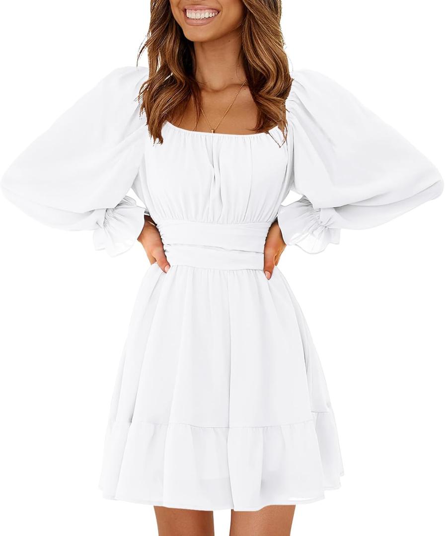 EXLURA Women's 2026 Casual Long Lantern Sleeve Dresses Square Neck Ruffle Tie Back Elastic Waist Aline Short Mini Dress, XL