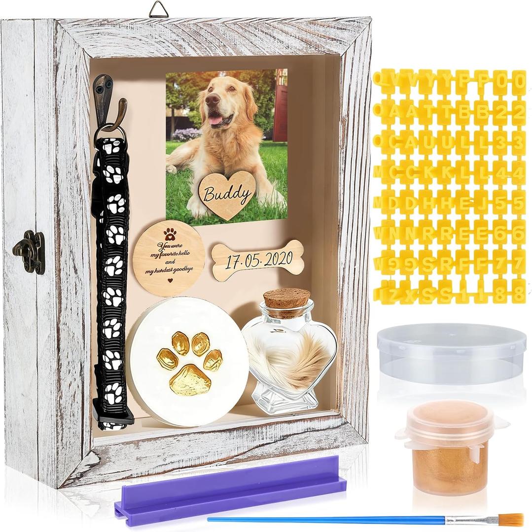 9.8'' Pet Memorial Shadow Box White Pet Sympathy Frame Set Rustic Collar Holder Picture Frame Dog Cat Sympathy Gift for Pet Lover as Loss Pet Remembrance Memory Keepsake