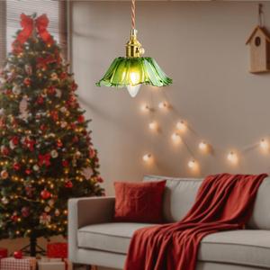 Kulukulu Retro Style Pendant Light, Mid Century Smoked Glass Ceiling Hanging Lamp, Vintage Hand Blown Fixture for Bedroom Dining Room, Kitchen Island - Flower, Green, Small, 1 Pack