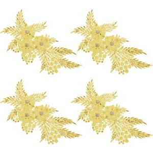 Uxcell 4 Pcs(2 Pairs) Flower Sequin Applique with Rhinestone Bead, 3D Embroidery Patch Sewing Addition Embellishments for Wedding Bridal Dress Clothes DIY Crafts Decor, Yellow