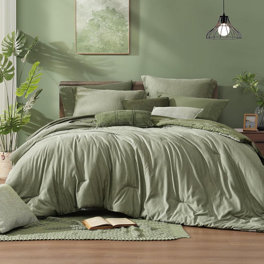 Monbix King Size Comforter Set, Sage Green King Size Bed Set Reversible 7 Pieces, Cationic Dyeing Bed in a Bag with Comforter, Sheets, Pillowcases & Shams