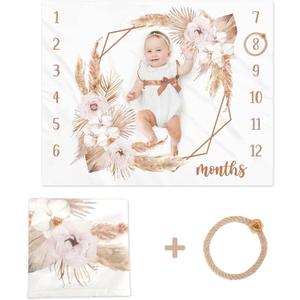 Boho Baby Milestone Monthly Blanket Season Floral Neutral Baby Nursery Growth Gender Reveal Present Photo Props Little Boy Girl Bohemian Blanket Expecting Mom Gift Idea