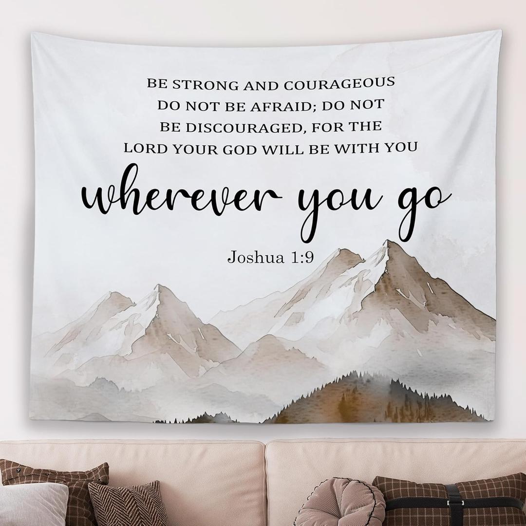 MNASAIOO Christian Mountian Lord Wall Tapestry Hanging for Bedroom, Bible Verse Scripture Joshua 1:9 Tapestries, Watercolor Religious Wall Decor Banner for Living Room Prayer Room Church 50x60in (wherever)