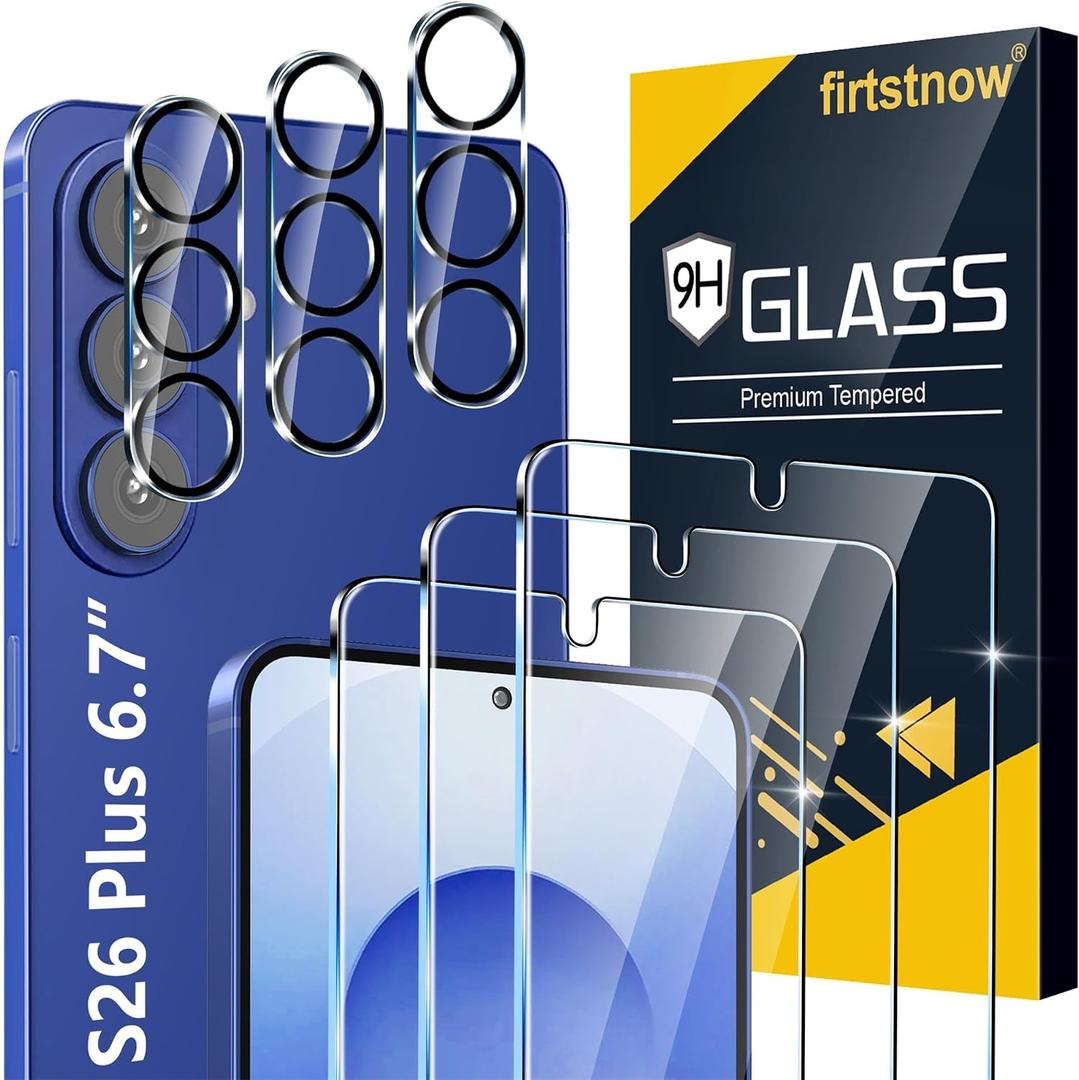 Firtstnow 3 Pack for Samsung Galaxy S26 Plus Screen Protector Tempered Glass + 3 Pack Camera Lens Protector, Military Grade Shatterproof, 9H Hardness, Fingerprint Unlock, Case Friendly 6.7 Inch