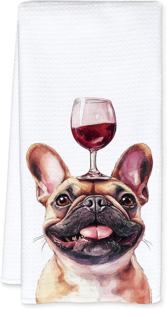 Funny French Bulldog Wine Kitchen Towels, French Bulldog Gifts for Women Men Dish Tea Towels, Dog Lovers Gifts Decorative Hand Towel for Bar Cart, 16x24 Inch