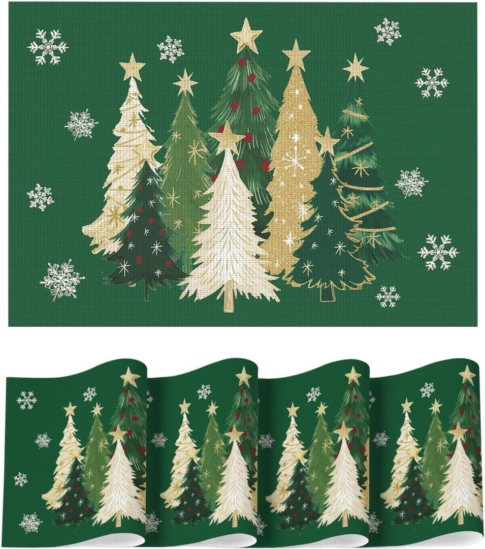 Artoid Mode Green Xmas Trees Vinyl Christmas Placemats Set of 4, 12x18 Inch Washable Plastic Non-Slip Woven Winter Table Mats for Party Kitchen Dining Decor