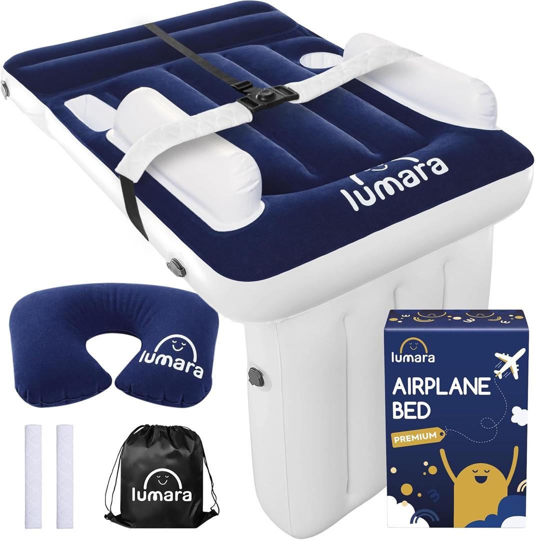 Premium Toddler Airplane Bed - Inflatable Airplane Bed for Toddlers, Plane Baby Mattress for Kids - Blow Up Air Mattress for Child Flight Sleep with Safety Belt, Innovative Valves, No Pump Needed