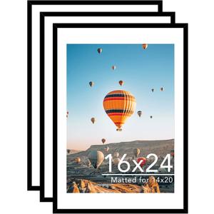 JCJMY 16x24 Picture Frame with Mat for Poster Photo and 40x60 cm Canvas, Display 14x20 with Mat or 16 x 24 without, Wood 16 by 24 Wall Gallery Poster Photo Frame, 3 Pack, Black
