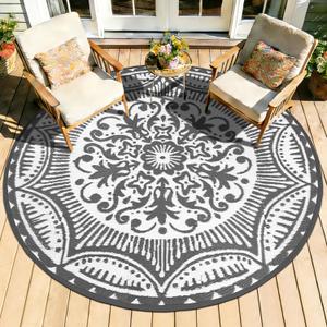 Capslpad 5x5 Floral Outdoor Rug for Patio Clearance Reversible Mat Round Portable Plastic Straw Carpet Waterproof Boho Indoor Outside Area Rugs for RV Camping Picnic Balcony Beach Deck, Grey