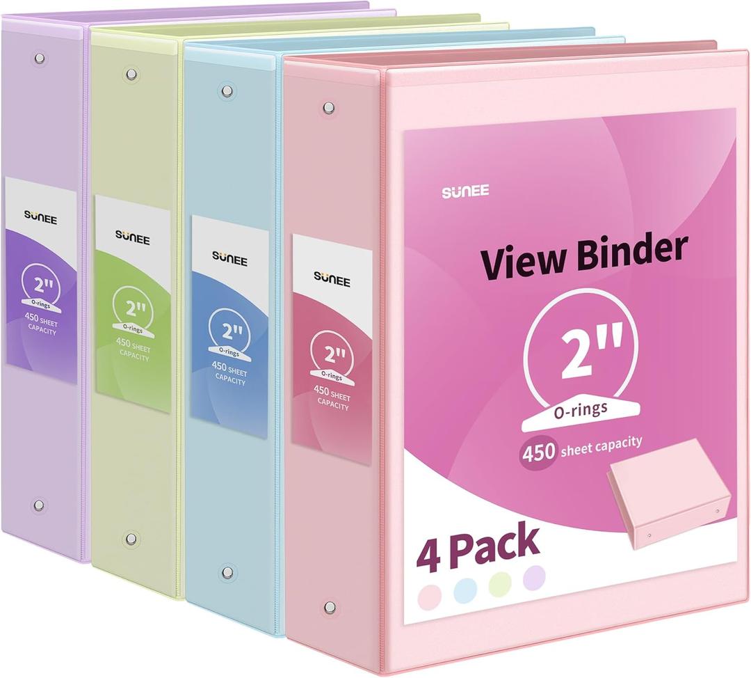 SUNEE 3 Ring Binders 2 Inch 4 Pack, Clear View Binder Three Ring PVC-Free (Fit 8.5x11 Inches) for School or Office Supplies, Assorted Pastel