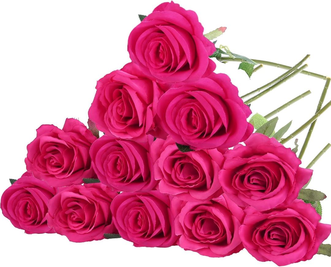 Felice Arts 12 Pack Hot Pink Artificial Roses with Stems Fuschia Silk Rose Fake Flowers for Wedding Bridal Bouquet Vase Table DIY Cake Valentines Decoration Decor