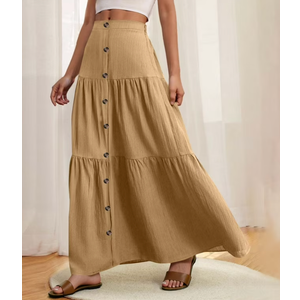 Women’s Boho Maxi Skirt High Waist Tiered Ruffle Long Skirts with Buttons and Drawstring Summer Casual Vacation Outfit Beige XXL