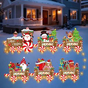 6 PCS Christmas Train Yard Signs with LED Lights, Xmas Gingerbread Outdoor Decorations with Stakes, Santa Snowman Garden, Yard, Lawn, Patio, Pathway Decor