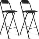 Thyle 2 Pcs Folding Bar Stool with Backrest, Tall Foldable Stool Chair Portable High Folding Bar Chair Counter Height Seat Leather Padded for Kitchen Island Shop Cafe Dining Room Black (29.5 Inch)