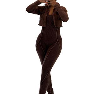 LAJIOJIO Bodycon 2 Piece Sets for Women,Long Sleeve Cropped Jackets and Ribbed Jumpsuit Party Outfits (Large, Brown)