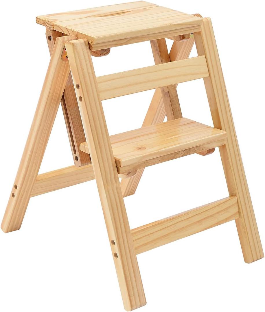 Folding Step Stool Step Ladder 2 Tier, Multi-Functional Folding Solid Wood Ladder Stool, Step Stool Household Muliti-Color Step Ladder Stool for Household and Office 330lbs,Natural,2step