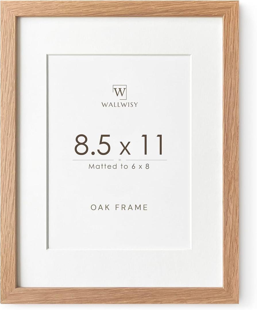 8.5x11 Picture Frame, Solid Oak Wood 8.5 by 11 Picture Frame with Mat to 6x8(Openning Size is 5.5x7.5), 11x8.5 Natural Oak Frames for Wall and Tabletop Display, Set of 1