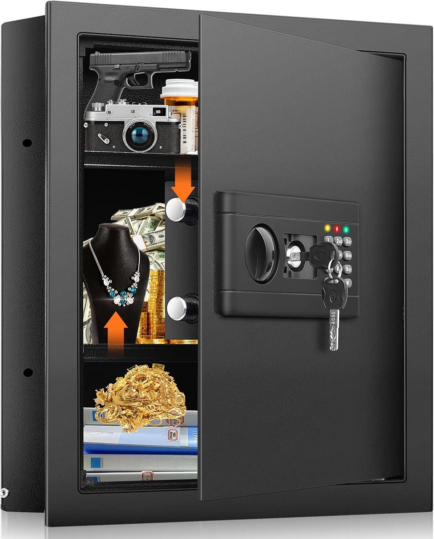 17.7" Tall Wall Safes Between the Studs 16" Centers, Hidden Wall Safe with 2 Removable Shelf & Hidden Tray, In Wall Mount Safe for Money, Jewelry, Passport, Valuables
