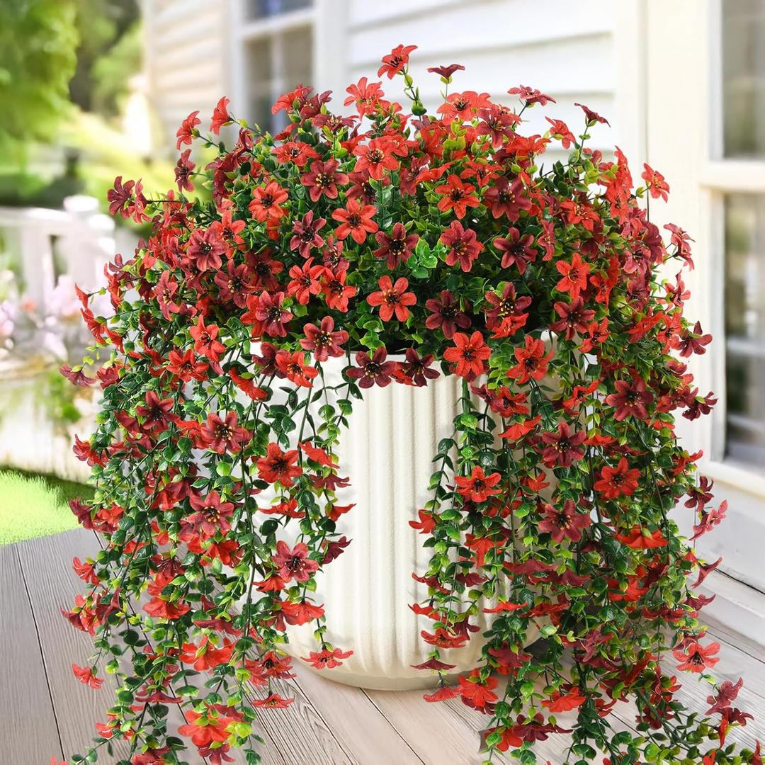 Artificial Fake Hanging Flowers Plants for Outdoor Spring Summer Decoration,2 PCS Faux Silk Daisy with Eucalyptus Leaves,UV Resistant Look Real for Outside Home Planter Porch Patio Balcony Yard Decor