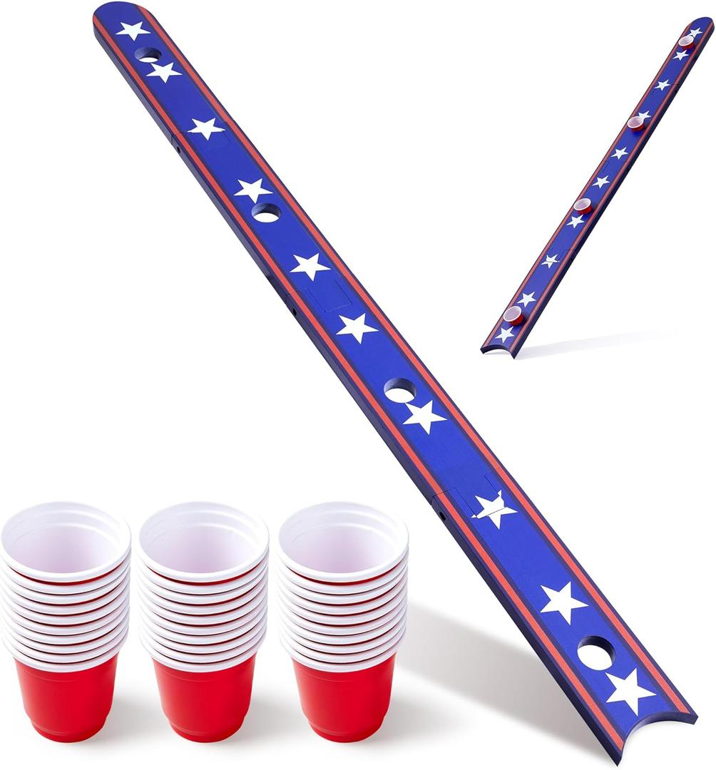 5 Ft Shot Board 4 Person Shot Ski Retro Rustic Wood Ski Shot Board with 48 Cute Shot Glasses for Party,Wedding Celebration,Birthday Family Gathering,Game Night - 56x4x0.8in (Stripes Design) (Bule White)