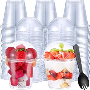 Suclain 400 Pcs 9oz Disposable Plastic Cups with Dome Lid and Spork Set, 200 Clear Fruit Cup with Lid and Hole 200 Plastic Spork for Food Appetizer Ice Cream Dessert Cold Drink(Dome), 400 Count