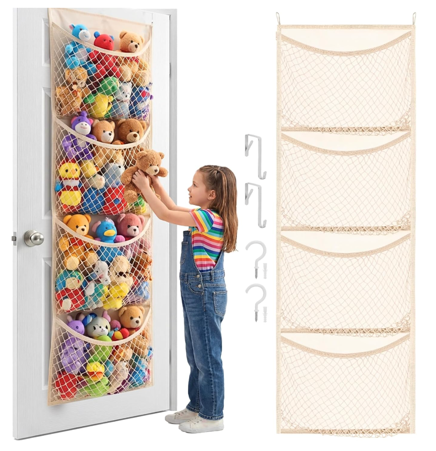 Over The Door Stuffed Animal Storage, Cotton Toy Organizer for Storage Plush Toys,Baby Supplies, Stuffed Animal Holder with 4 Large Pockets, Hanging Door Organizer for Nursery, Bedroom, Kids Room
