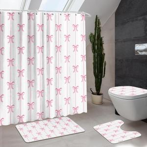 4 Pcs Bow Shower Curtain Set Cute Coquette Bathroom Decor Bow Knot Aesthetic Girly Shower Curtain Sets with Non-Slip Rug Toilet Lid Cover Bath Mat and 12 Hooks(Pink)