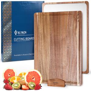 Double-Sided Titanium Cutting Board with Display Stand | Bamboo & Acacia Wood Options | Reversible Titanium Surface | Food Grade & Durable | 16"x12"x0.6" (Acacia)