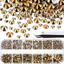2000 Pieces Flat Back Gems Round Crystal Rhinestones 6 Sizes (1.5-6 mm) with Pick Up Tweezer and Rhinestones Picking Pen for Crafts Nail Face Art Clothes Shoes Bags DIY (Metallic Gold)
