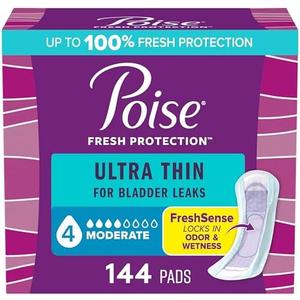 Poise Ultra Thin Incontinence Pads & Postpartum Pads for Bladder Leaks, 4 Drop Moderate Absorbency, Regular Length, 144 Count, Packaging May Vary 3pack