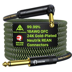 Pro Bass Guitar Cable 6 ft, Gold-Plated Neutrik REAN Connector, Low Capacitance 99.99% 18AWG OFC, Kevlar-Reinforced 1/4 Inch Instrument Cable for Fender Combo Electric Amp Rumble Marshall, Right Angle (Neon Green/Black)