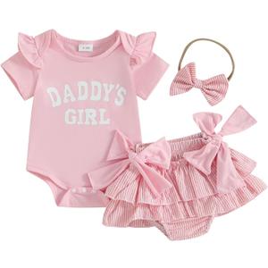 BeQeuewll Newborn Baby Girls Clothes Summer Daddys Girl Outfit Ruffle Romper Bow Tutu Shorts Heaband 3Pcs Girl Outfits (Pink, XS)