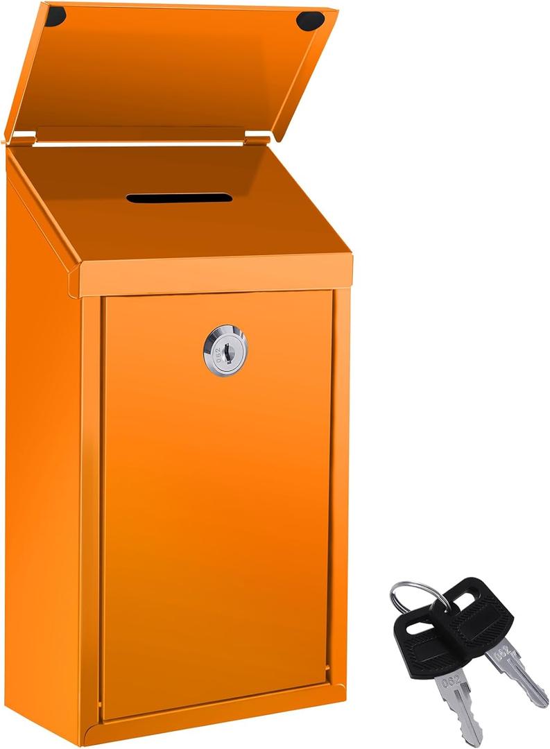 Metal Donation Box Suggestion Box with Slot and Lock Waterproof Wall Mounted Mailbox Charity Collection Box Secure Drop Box for Cash Home Office Outdoor (Orange)
