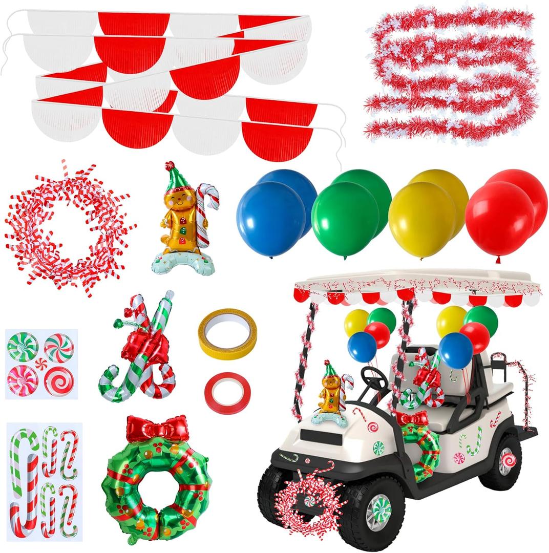Christmas Golf Cart Decoration Kit Golf Cart Christmas Decorations Kit Parade with Car Wreath Inflatable Gingerbread Man string candy canes Balloons Wreath Decorative Tasses