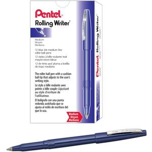 Pentel R100C Rolling Writer Stick Roller Ball Pen, .8mm, Blue Barrel/Ink, Dozen (12 Count (Pack of 1))