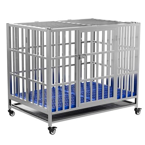 FoQualy Collapsible Stainless Steel Dog Crate, 48"  Size Lockable Wheel, with Tray, Stackable, Heavy Duty, Divider, Indoor and Outdoor