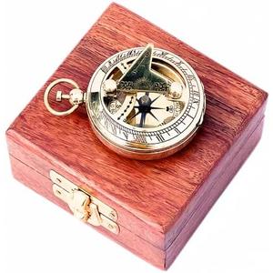 Marine Sundial Compass with Antique Nautical Solid Pocket Compass in Box Vintage Polish with Brass Finish Navigate Device Collection