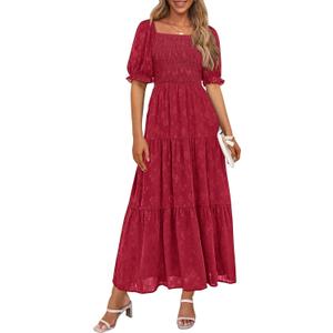 PRETTYGARDEN Women's 2025 Summer Casual Midi Dresses Square Neck Short Sleeve Smocked A Line Floral Flowy Elegant Boho Dress (Red, S)