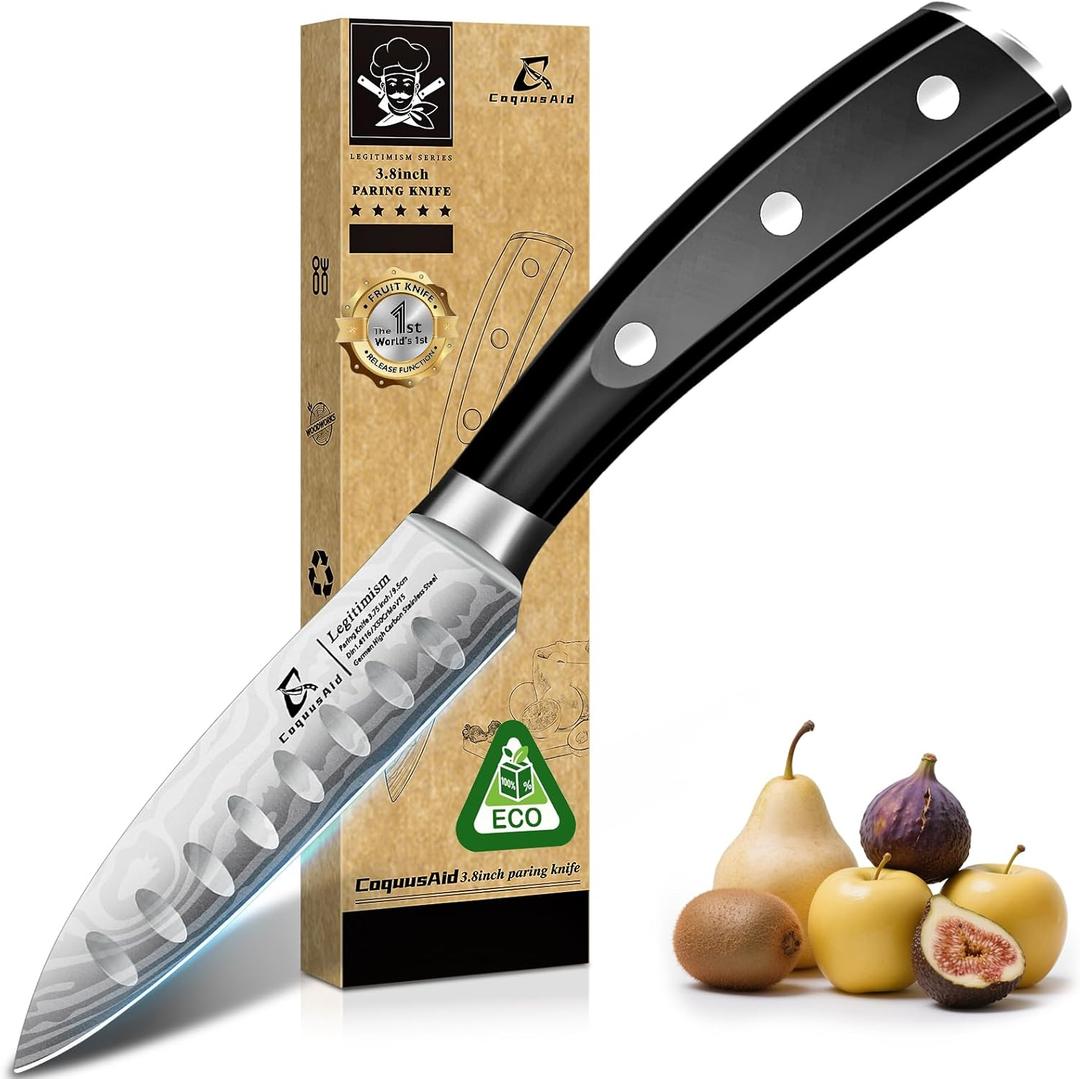Paring Knife 3.75 Inch Fruit Knives, Small Kitchen Knife, Ultra Sharp German Stainless Steel Vegetable Knives, Damascus Pattern, Full Tang Handle Design, Elegant Black Ideal for Gift