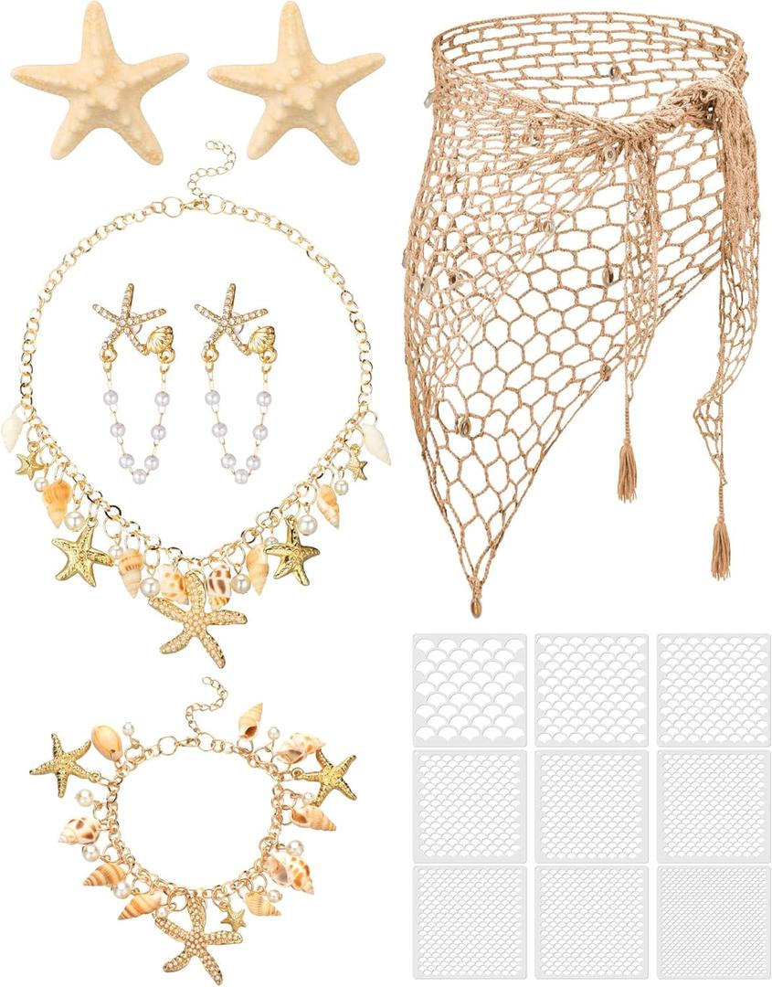 Tondiamo 22 Pcs Mermaid Costume for Women Beach Mermaid Crochet Skirt Swimwear Cover up Starfish Pearl Necklace and Bracelet Earrings Hair Clip Scale Stencil for Summer Party Jewelry Accessories