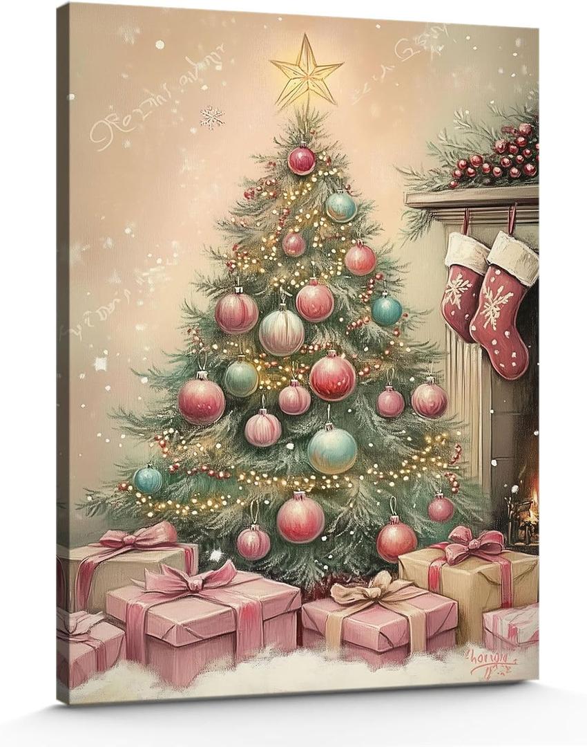 GSPQAZ Christmas Tree Wall Art - Festive Holiday Canvas Print for Vintage Christmas Decor 16x24inch-Unframed