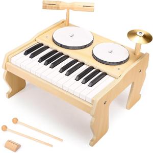 OATHX Kids Piano Keyboard, 25 Keys Digital with Drum Set and Volume Adjustable, 6 in 1 Musical Instruments for Kids Toddlers Baby Children, Wooden Mini Piano Gifts for Girls Boys Ages 3+