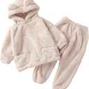 Arssm Girl Pants Sets Two Pieces Outfit Kids Bear Ear Fuzzy Fluffy Hoodie Sweatshirt with Fleece Sweatpants (4T, Beige)