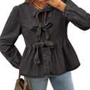 Tankaneo Womens Puff Long Sleeve Denim Tie Front Babydoll Peplum Blouse (Black, S)