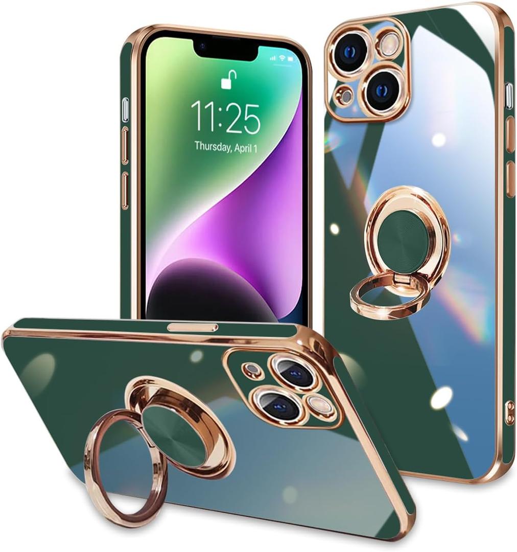 for iPhone 14 Plus Case 360 Rotatable Ring Holder Magnetic Kickstand,Support Magnetic Car Mount,Gold Plated Phone caseSoft Lightweight Protective case for iPhone 14 Plus,Dark Green