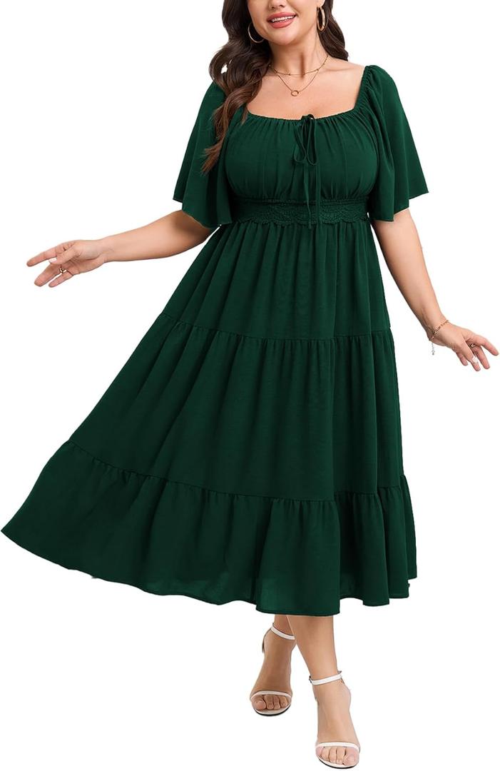 SCOMCHIC Women's Plus Size Summer Dresses Square Neck Short Sleeve A Line Wedding Guest Cocktail Boho Flowy Maxi Dress Emerald Green 4XL