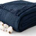 100% Cotton Muslin Blanket Queen 90" x 90", 6 Layers Breathable and Lightweight Cotton Throw Blanket for Bed, Soft Quilt Bedspread Coverlet, Gauze Blanket for Adults All Season, Navy