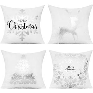 All Smiles White Silver Christmas Throw Pillow Covers Cases 18 X 18 Set of 4 Winter Xmas Navidad Decorations Indoor Home Holiday Dcor Ornaments Velvet Cushion for Sofa Tree Snowflake Reindeer