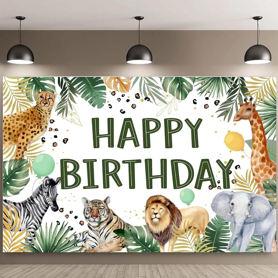 Jungle Animal Happy Birthday Backdrop Banner  53 ft Green Safari Wild Theme Photo Booth Decor for Boys Zoo 1st3rd Birthday, Indoor & Outdoor Party Supplies